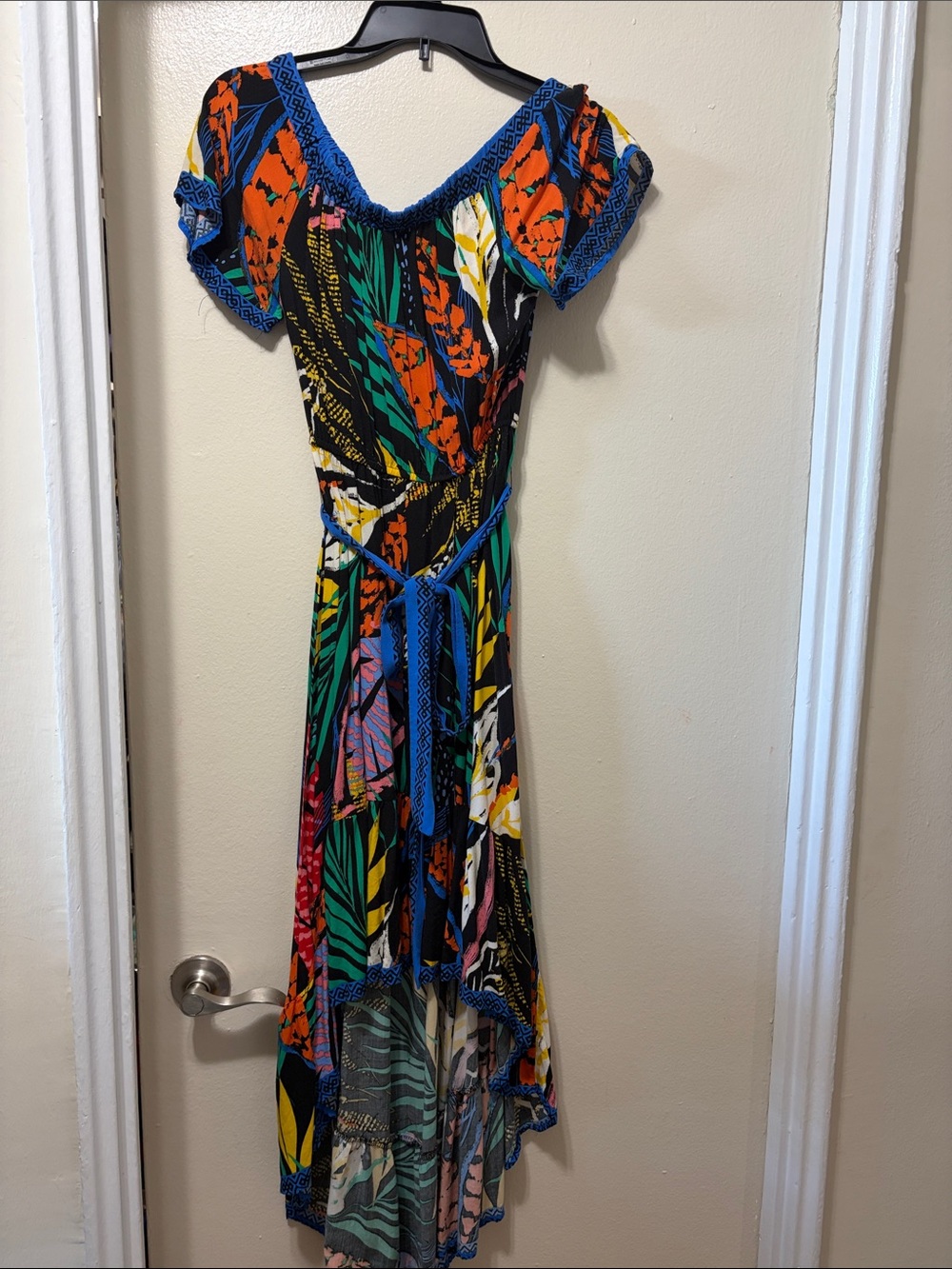 Flying Tomato Multicolor Tropical High-Low Dress with Blue Trim